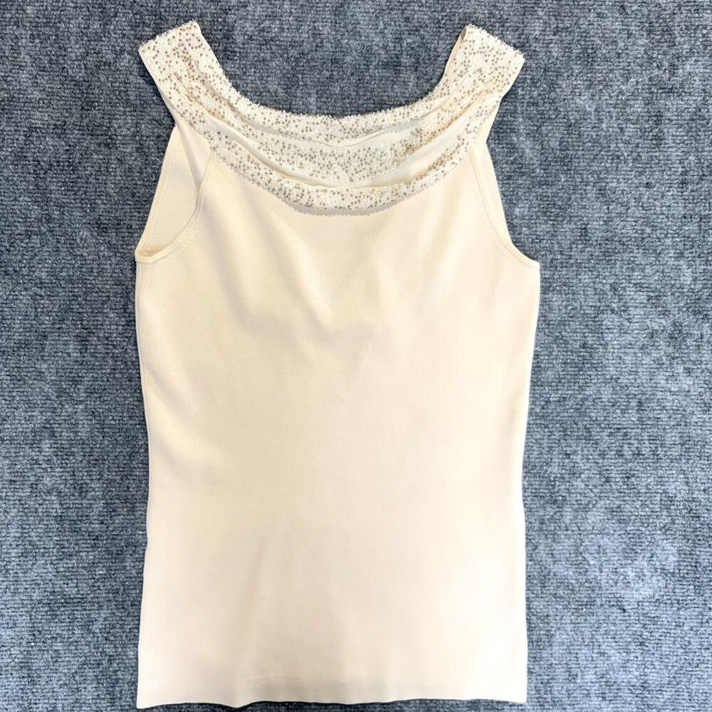 Ann Taylor XS Ivory Silk Blend Beaded Illusion Neck Sweater Shell V Back Top
